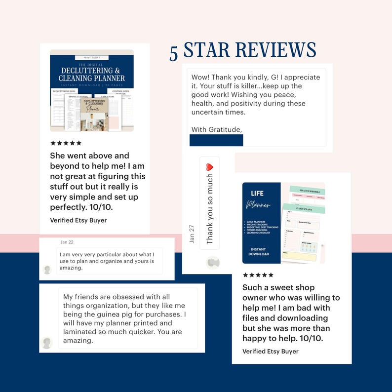 May include: Five-star reviews for a digital decluttering and cleaning planner. The planner is shown in a pink and green color scheme with the text "Life Planner" and "Instant Download". The reviews highlight the planner's ease of use and the helpfulness of the shop owner.