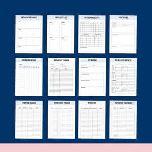 May include: Printable pet planner with sections for vacation chores, bucket list, responsibilities, treat recipe, eating record, weight tracker, journal, related contacts, symptom tracker, dog walking tracker, medication, and preventative treatment.