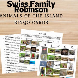 May include: A printable bingo card game featuring images of animals from around the world. The card has a free space in the center and the word "Free!" printed in it. The call list includes the names of the animals and their origins.