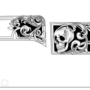 May include: Black and white digital illustration featuring ornate scrollwork and a skull. The design is framed within a rectangular border, with a blank space for text. The artwork is likely intended for graphic design or tattoo art.