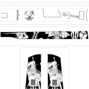 May include: Black and white graphic illustrations featuring characters and symbols from "The Witcher" series. The designs include a sword, a wolf's head, and the word "Witcher".