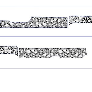 Könnte beinhalten: Eine schwarz-weiße Blumenmuster-Vorlage für einen Waffengriff. Das Design besteht aus komplizierten Wirbeln und Blättern.