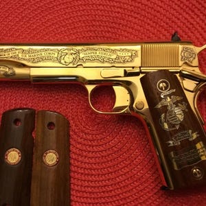 Colt 1911 Full Size Wood Grips - 3D Engraved Walnut With "Marines Semper Fidelis" Scroll