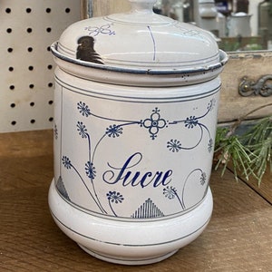 French Blue and White Antique Enamel Sucre French Kitchen Canisters #230