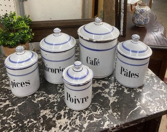 French Blue and White Antique Enamel Canister Set French Kitchen