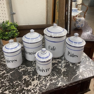 French Blue and White Antique Enamel Canister Set French Kitchen Canisters #50