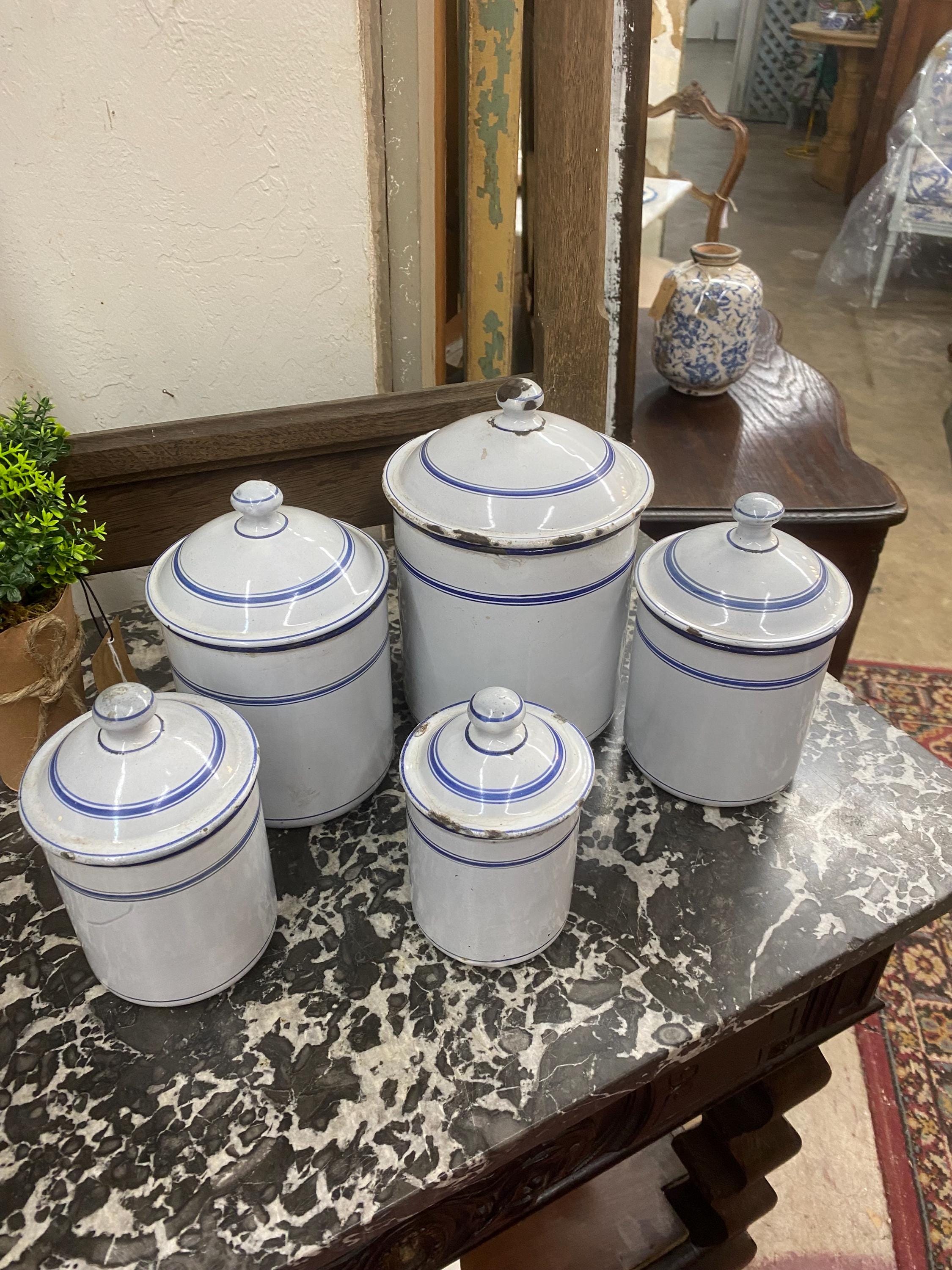 French Blue and White Antique Enamel Canister Set French Kitchen