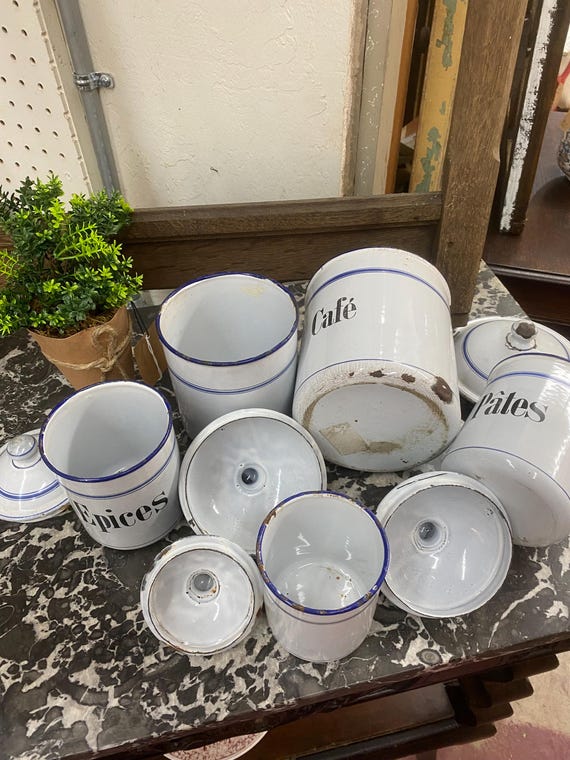 French Blue and White Antique Enamel Canister Set French Kitchen