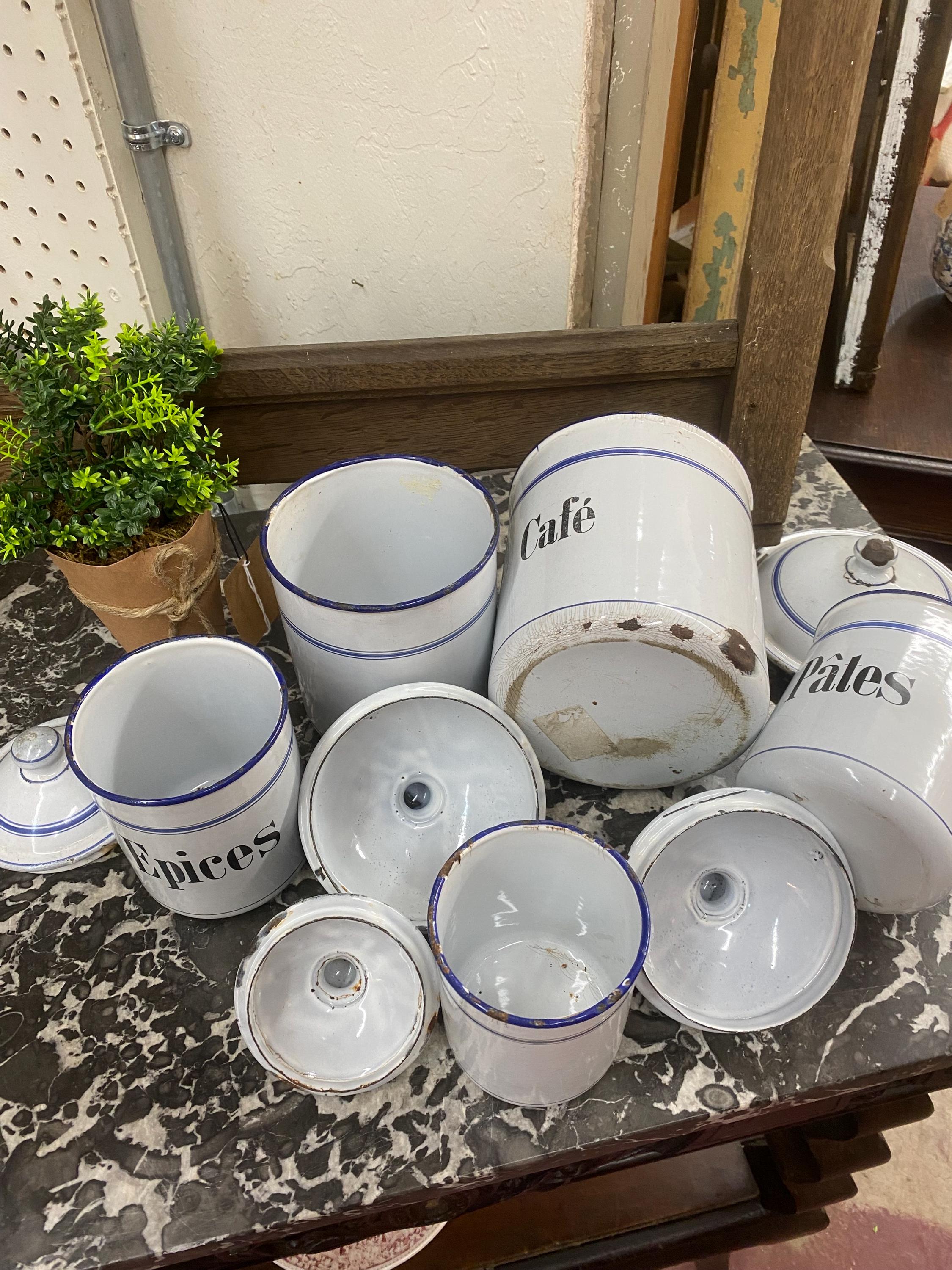 French Blue and White Antique Enamel Canister Set French Kitchen