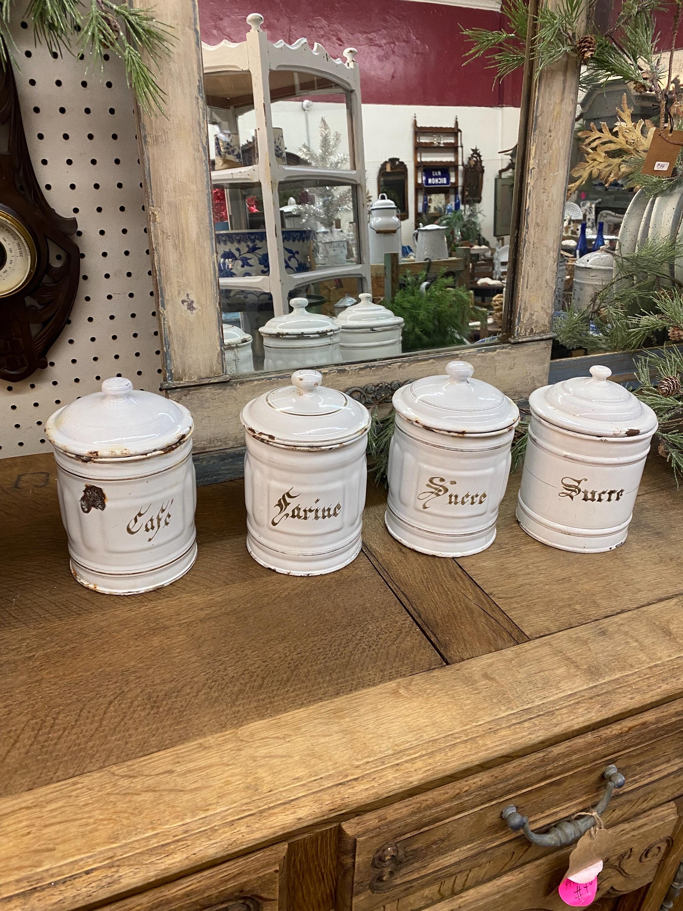 French White and Gold Antique Enamel Canister Set French Kitchen