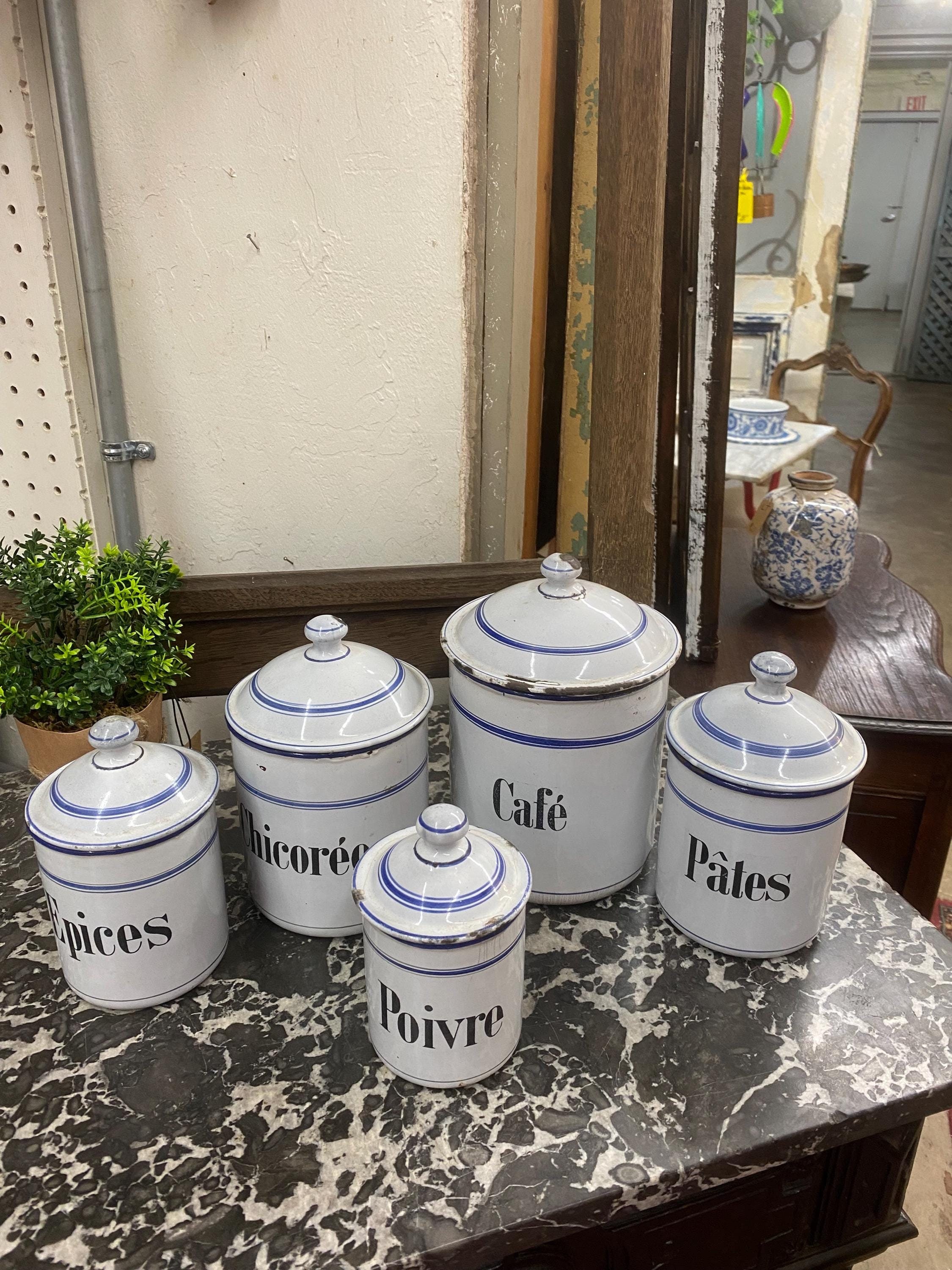 French Blue and White Antique Enamel Canister Set French Kitchen