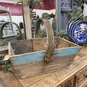Primitive French painted wood and metal handle garden trug #239