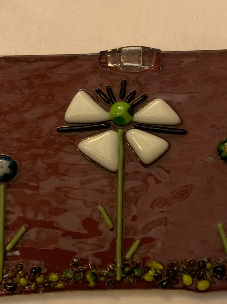 Whimsical Flower Garden on Transparent Purple background glass Handmade Fused Glass hanging panel millefleurs accents