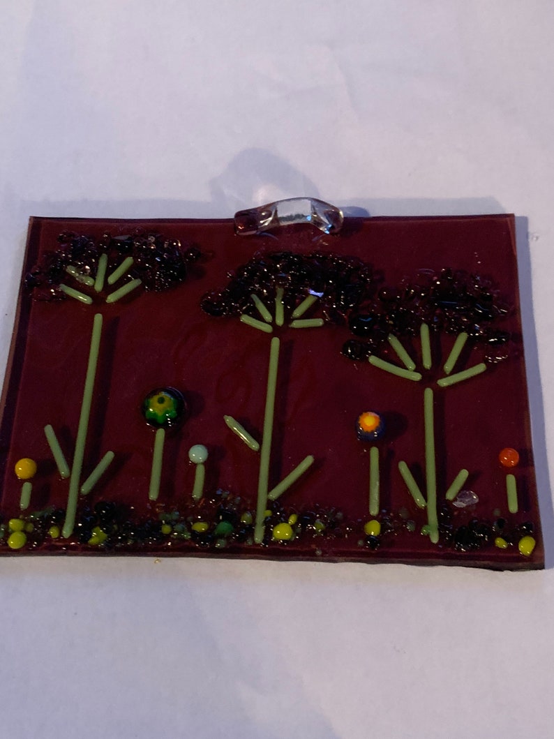on Transparent Purple background glass Handmade Fused Glass hanging panel millefleurs accents Make a Wish Dandelion Puffs