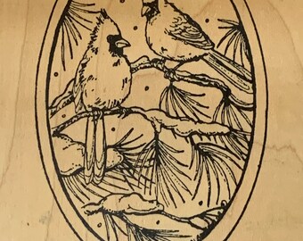 Cardinals and  Snow wood mounted Rubber Stamp from Northwoods New, never used