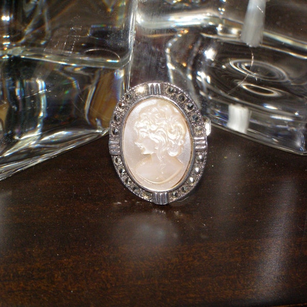 Art Deco Style Marcasite and Mother of Pearl MOP Cameo handmade Sterling Silver Ring - Vintage