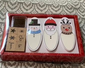 Whimsical Christmas designs wood mounted Rubber Stamp set of 6 from Hero Arts, 1 ink pad, 18 paper tags  New, never used