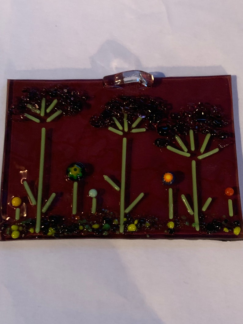 on Transparent Purple background glass Handmade Fused Glass hanging panel millefleurs accents Make a Wish Dandelion Puffs