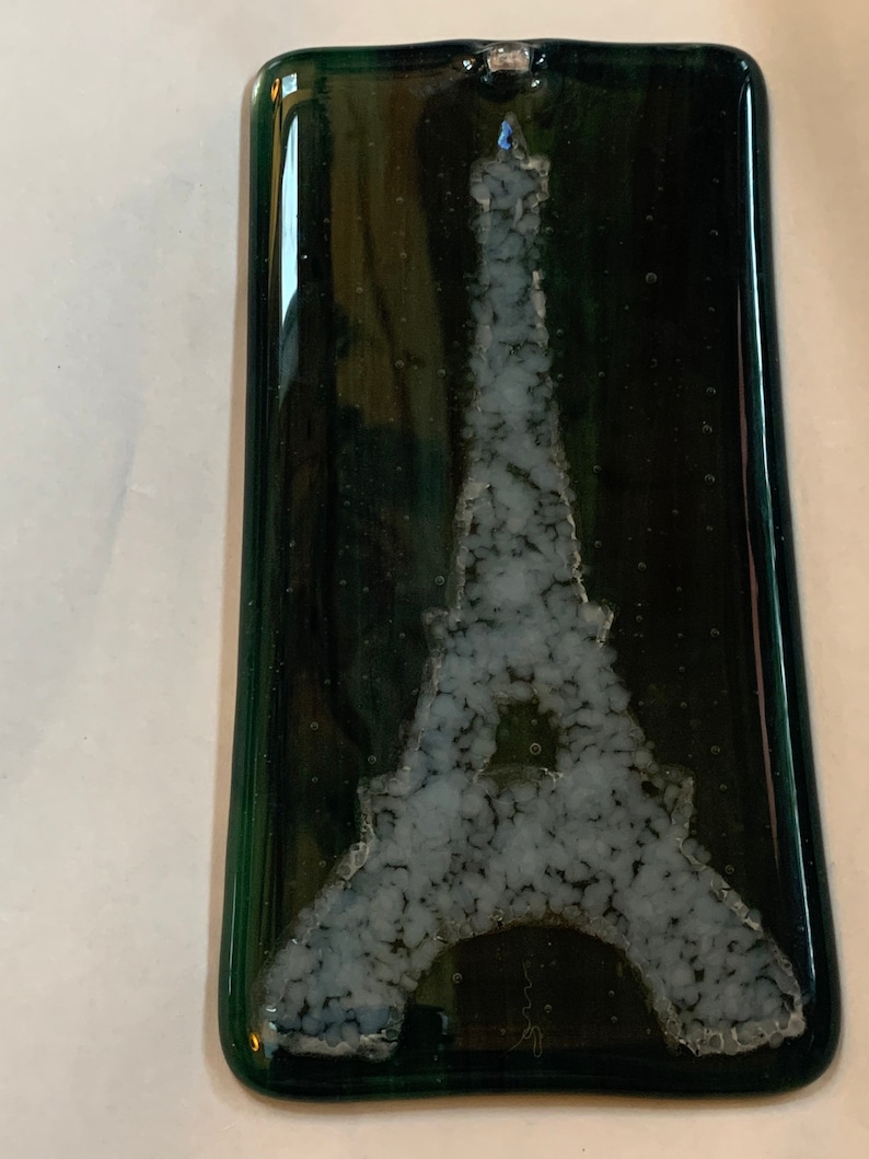 We\u2019ll Always Have Paris Eiffel Tower Handmade Fused Glass hanging panel dark peacock greenblue base glass