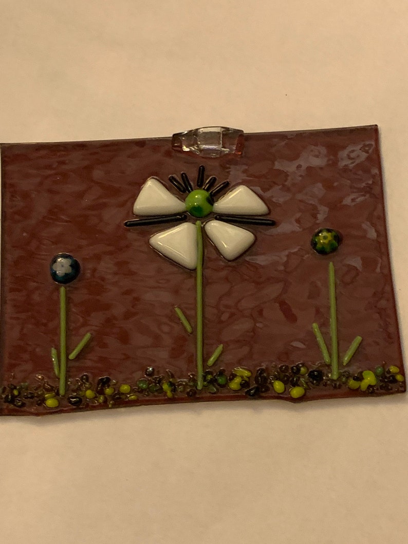 Whimsical Flower Garden on Transparent Purple background glass Handmade Fused Glass hanging panel millefleurs accents