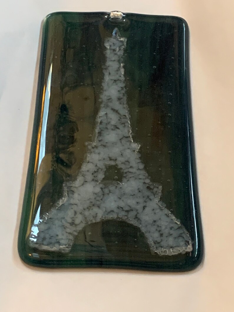 We\u2019ll Always Have Paris Eiffel Tower Handmade Fused Glass hanging panel dark peacock greenblue base glass