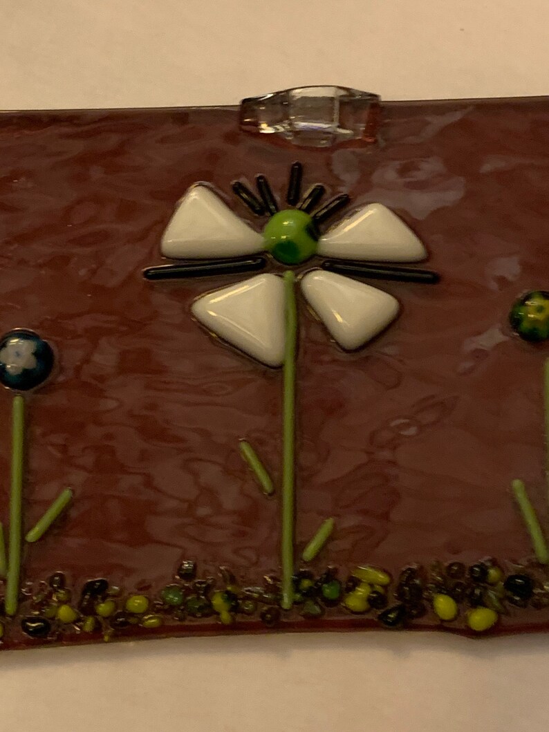 Whimsical Flower Garden on Transparent Purple background glass Handmade Fused Glass hanging panel millefleurs accents