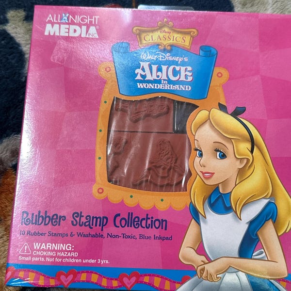 Alice in Wonderland mounted Rubber Stamp set of 10 stamps & inkpad from ANM -All Bight Media. Vintage, never used
