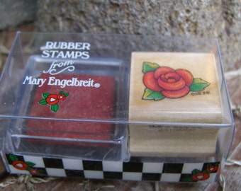 Mary Engelbriet's Cabbage Rose wood mounted Rubber Stamp and Inkpad in Red