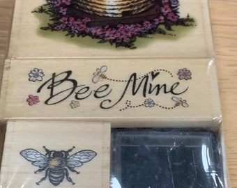 PSX Bee Mine Trio of wood mounted Rubber Stamps with ink pad - vintage