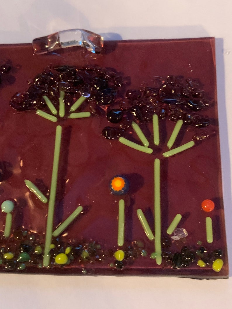 on Transparent Purple background glass Handmade Fused Glass hanging panel millefleurs accents Make a Wish Dandelion Puffs