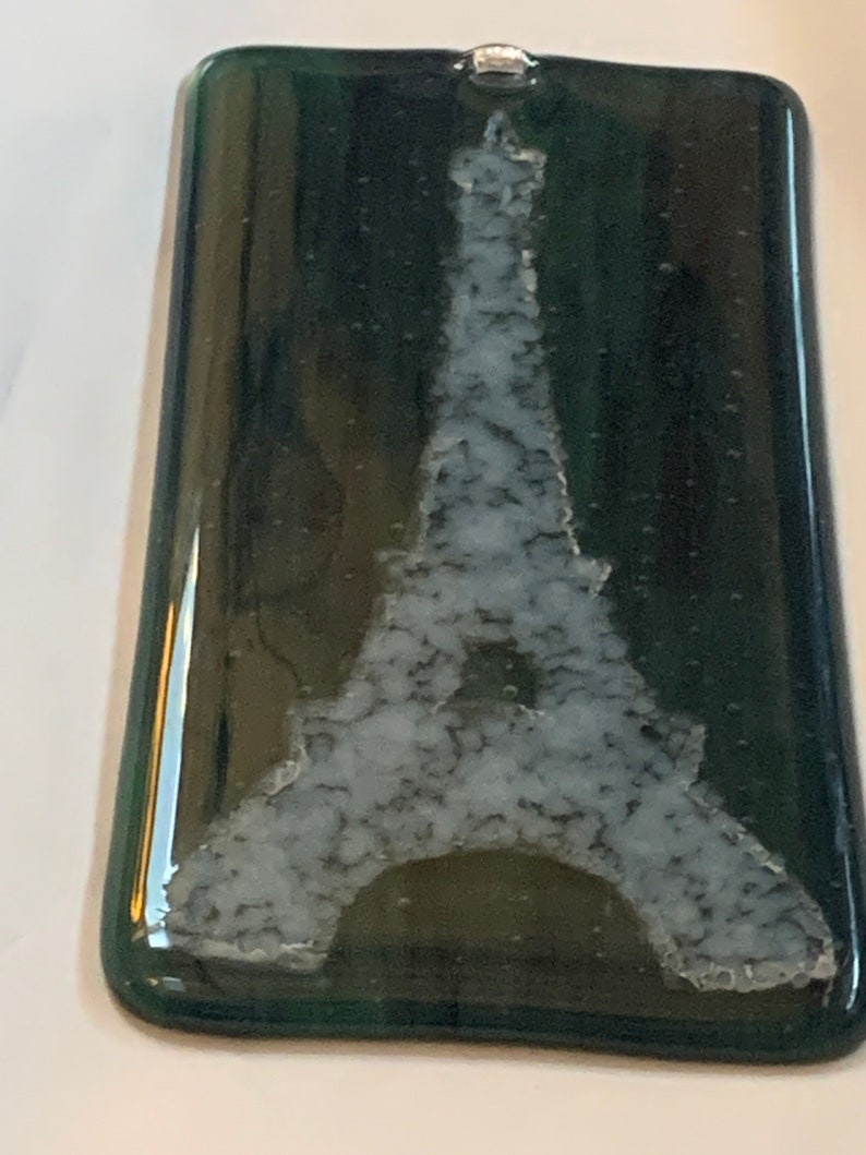 We\u2019ll Always Have Paris Eiffel Tower Handmade Fused Glass hanging panel dark peacock greenblue base glass
