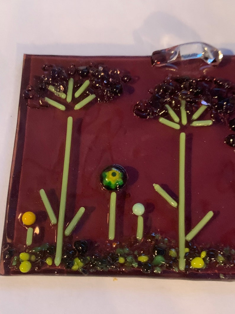 on Transparent Purple background glass Handmade Fused Glass hanging panel millefleurs accents Make a Wish Dandelion Puffs