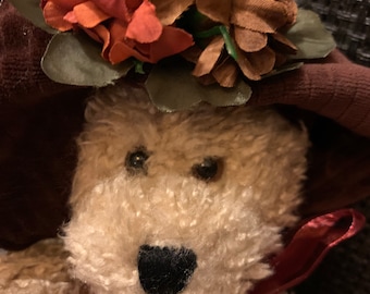 Miss Hedda Bearimore curly tan bear with brown velvet hat with flowers flower - Vintage Boyd’s Bear & Friends Plush Doll. Style #918453