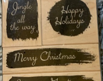 Painted Brush Messages Christmas set of 4 Wood Mounted Rubber Stamps from Hero Arts new, never used