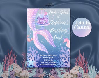 Editable Mermaid Birthday Invitation, Mermaid Invite, Under the Sea Birthday Party, Printable template Digital Instant Download