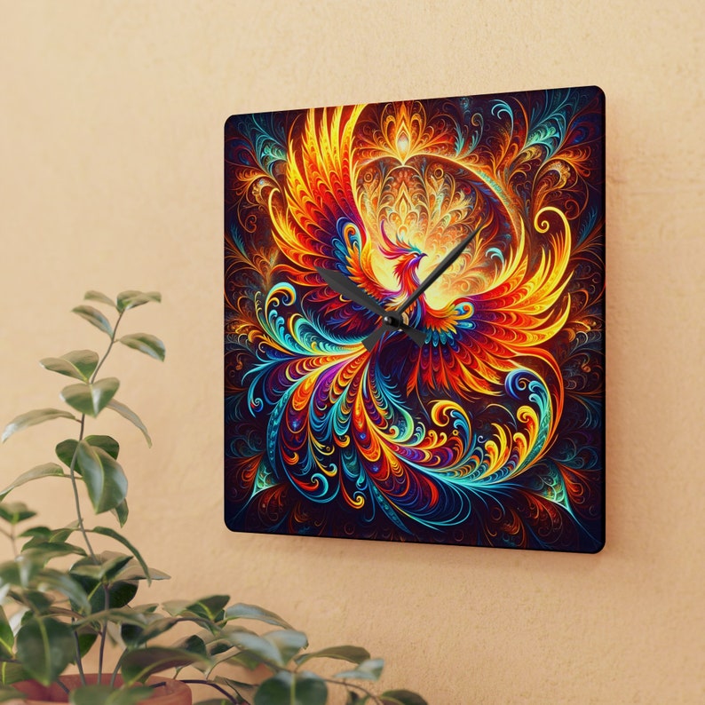 Phoenix Clock Vibrant Phoenix Square Wall Clock Acrylic Glass-like Finish Mythical ...
