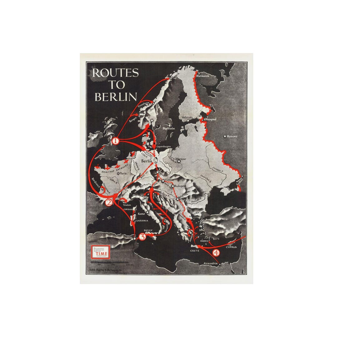 Routes to Berlin 1943 WWII Map Historical Metal Art Print, Military ...