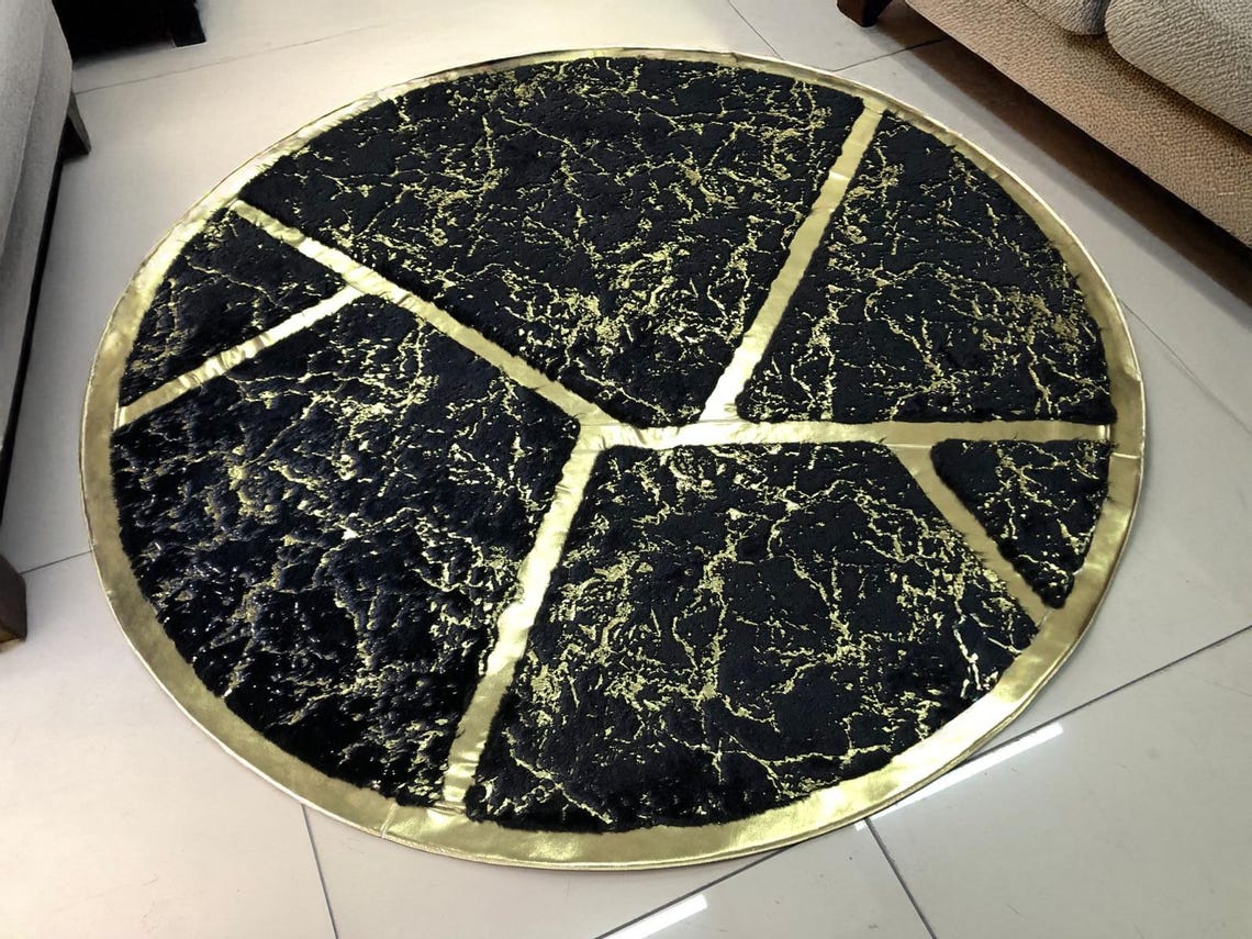 Modern Black Gold Round Fluffy Luxe Plush Elegant Non-slip Geometric ...