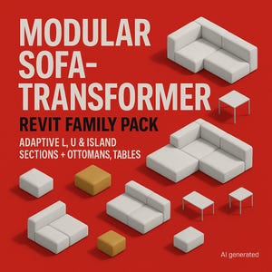 ​Familien Paket mit Möbeln | Anpassungsfähige L, U & Islandschnitte + Ottomanen, Tische | Parametrisches Sitzpaket BIM Bundle
