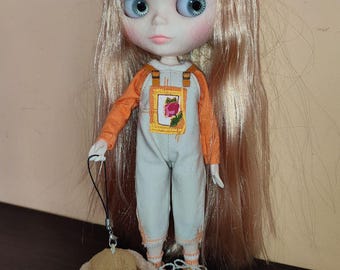 Handmade Blythe Doll Outfit: Embroidered Overalls, Knit Shirt, Leather Shoes
