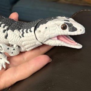 Puede incluir: Un juguete de lagarto articulado y detallado en tonos blancos y negros, con un cuerpo segmentado y una cabeza detallada. La boca del lagarto está abierta, revelando un interior rosado. El juguete se sostiene en una mano.