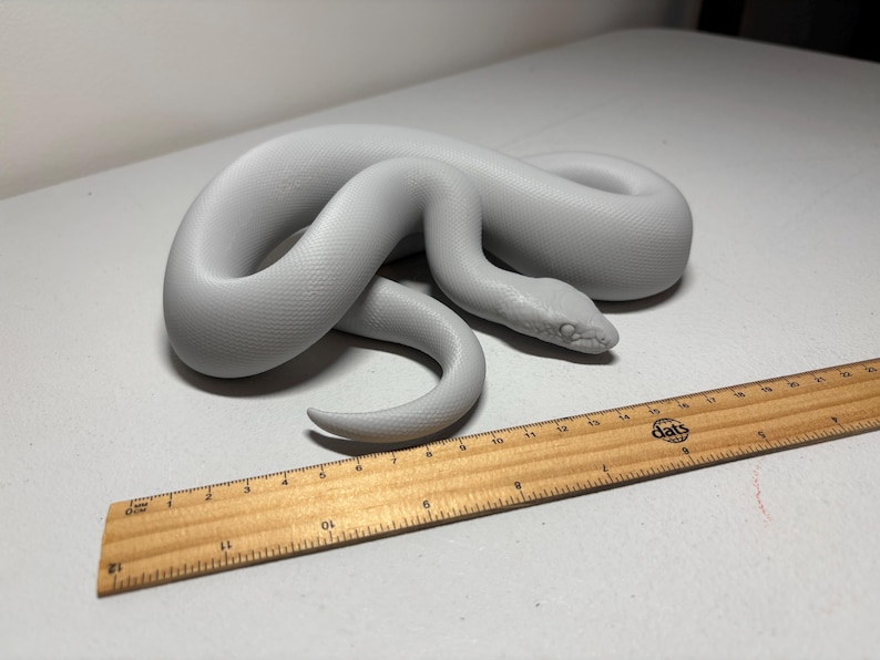 May include: A coiled, light grey snake figurine with a textured surface. A wooden ruler is placed next to the snake for scale. The snake is lying on a white surface.