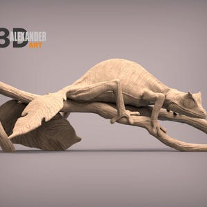 May include: A 3D printed sculpture of a chameleon perched on a branch. The chameleon is brown and has a long tail. The branch is made of wood and has a leafy texture.
