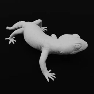 Op de afbeelding: Een wit 3D-geprint model van een gekko-hagedis. De gekko is geposeerd met zijn kop naar de zijkant gedraaid en zijn ledematen gestrekt.