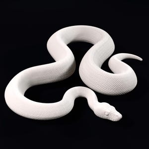 Op de afbeelding: Een witte albino python slang opgerold op een zwarte achtergrond.
