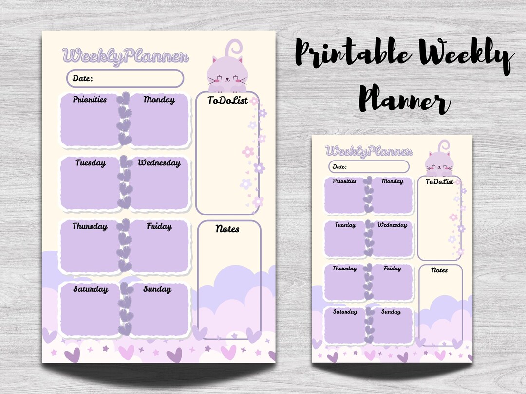 Purple Kitty Weekly Planner Printable (A5, A4) - Etsy