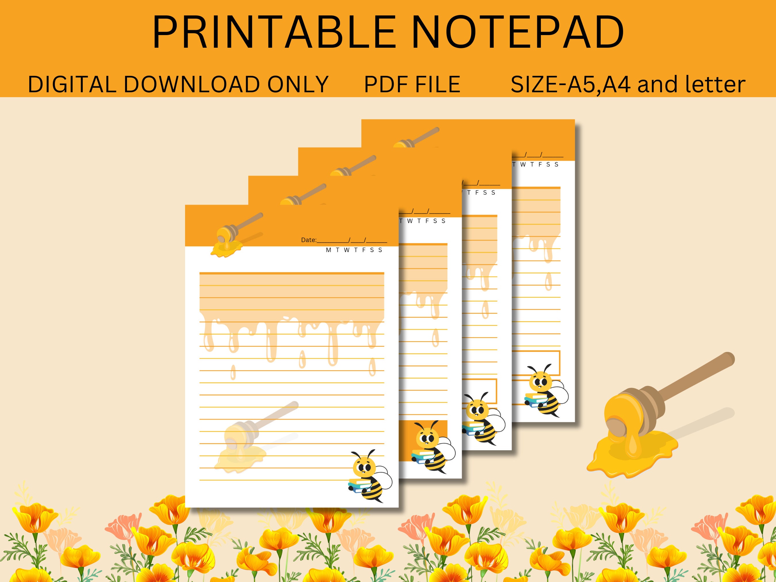 Honey Bee Printable Notepad, Printable Note. A5,A4 and Letter Size ...