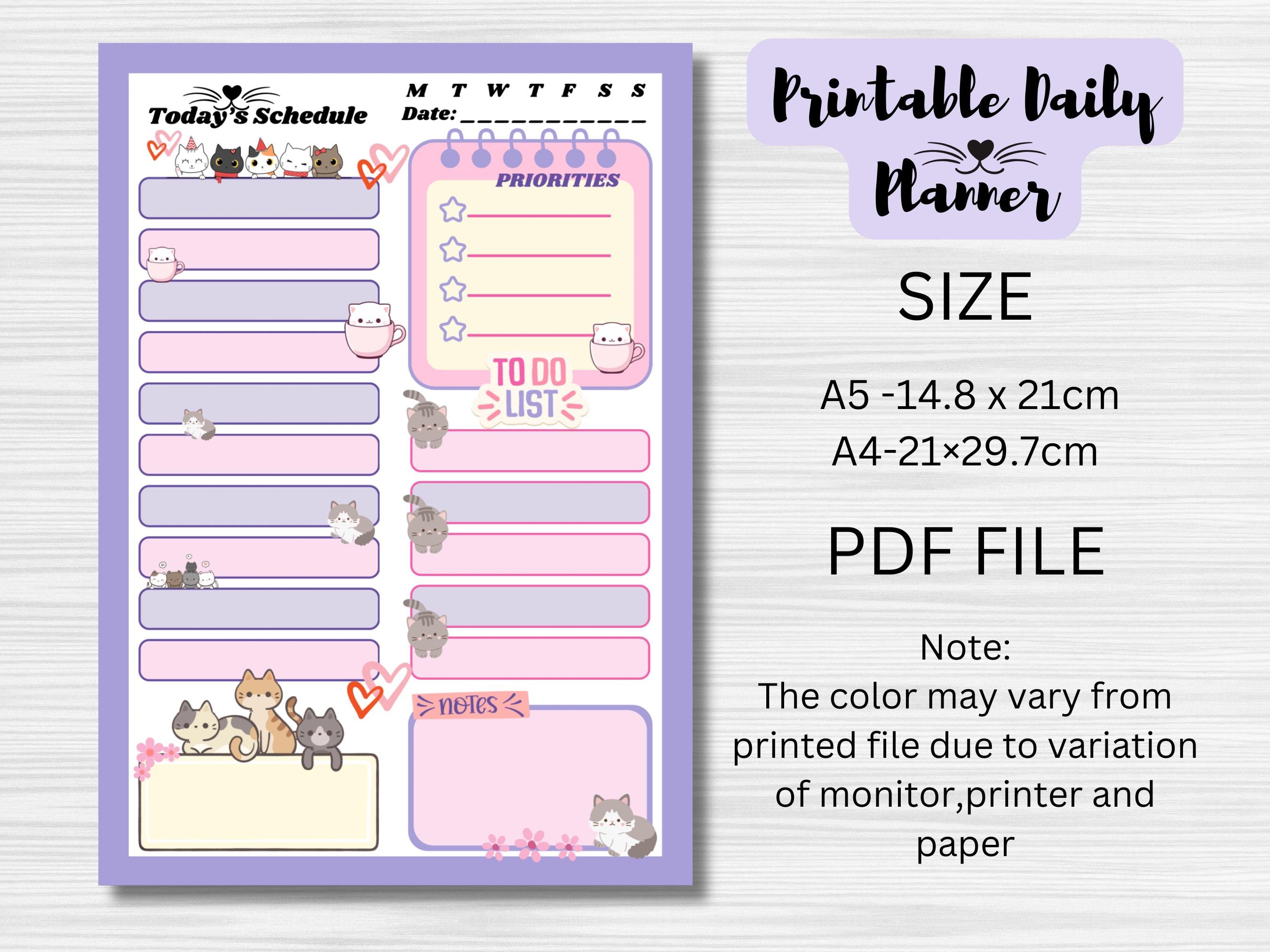 Purple Cat Daily Planner | Pink & Purple Kawaii Printable (A5, A4) - Etsy