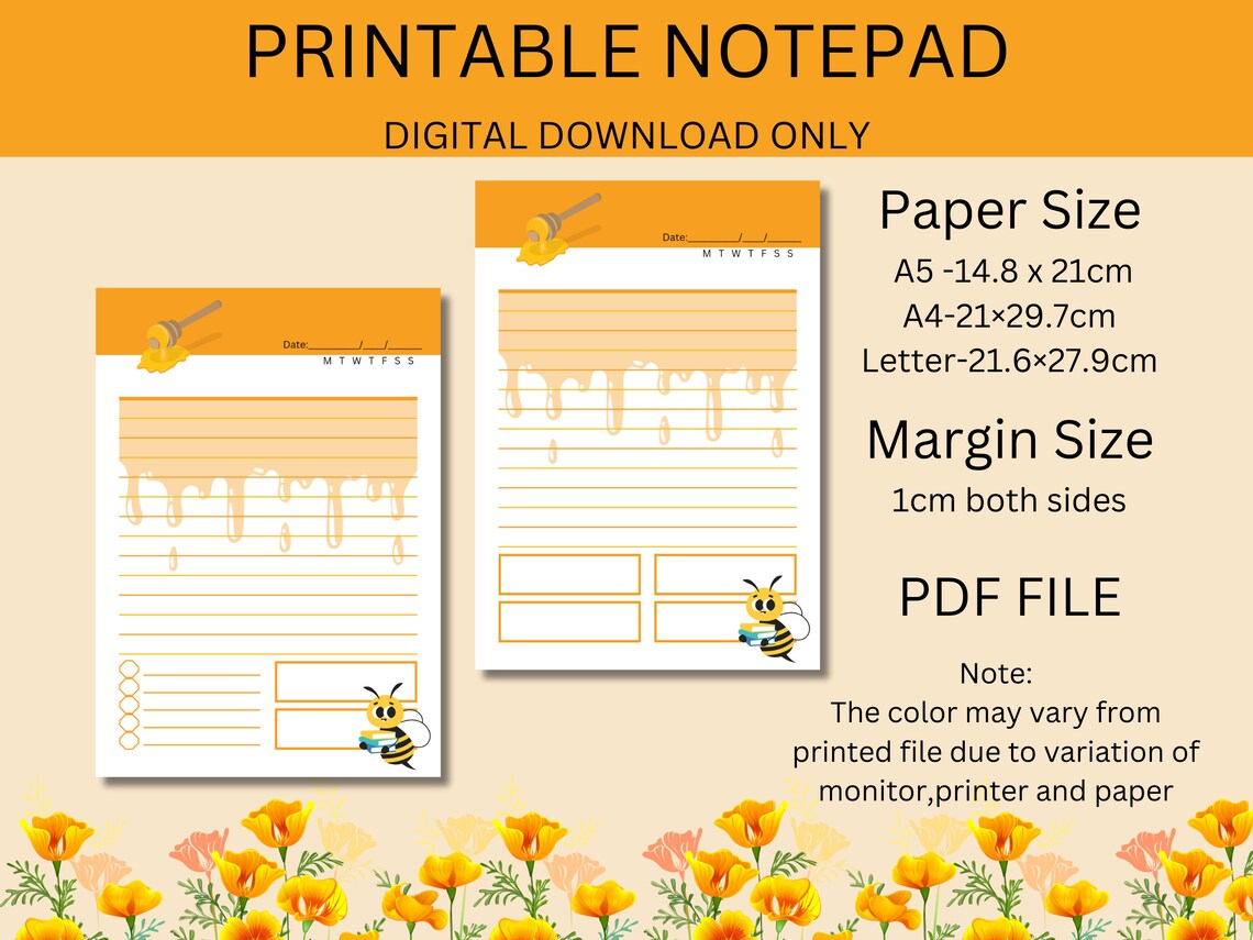 Honey Bee Printable Notepad, Printable Note. A5,A4 and Letter Size ...