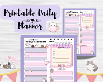 Purple Cat Daily Planner | Pink & Purple Kawaii Printable (A5, A4)
